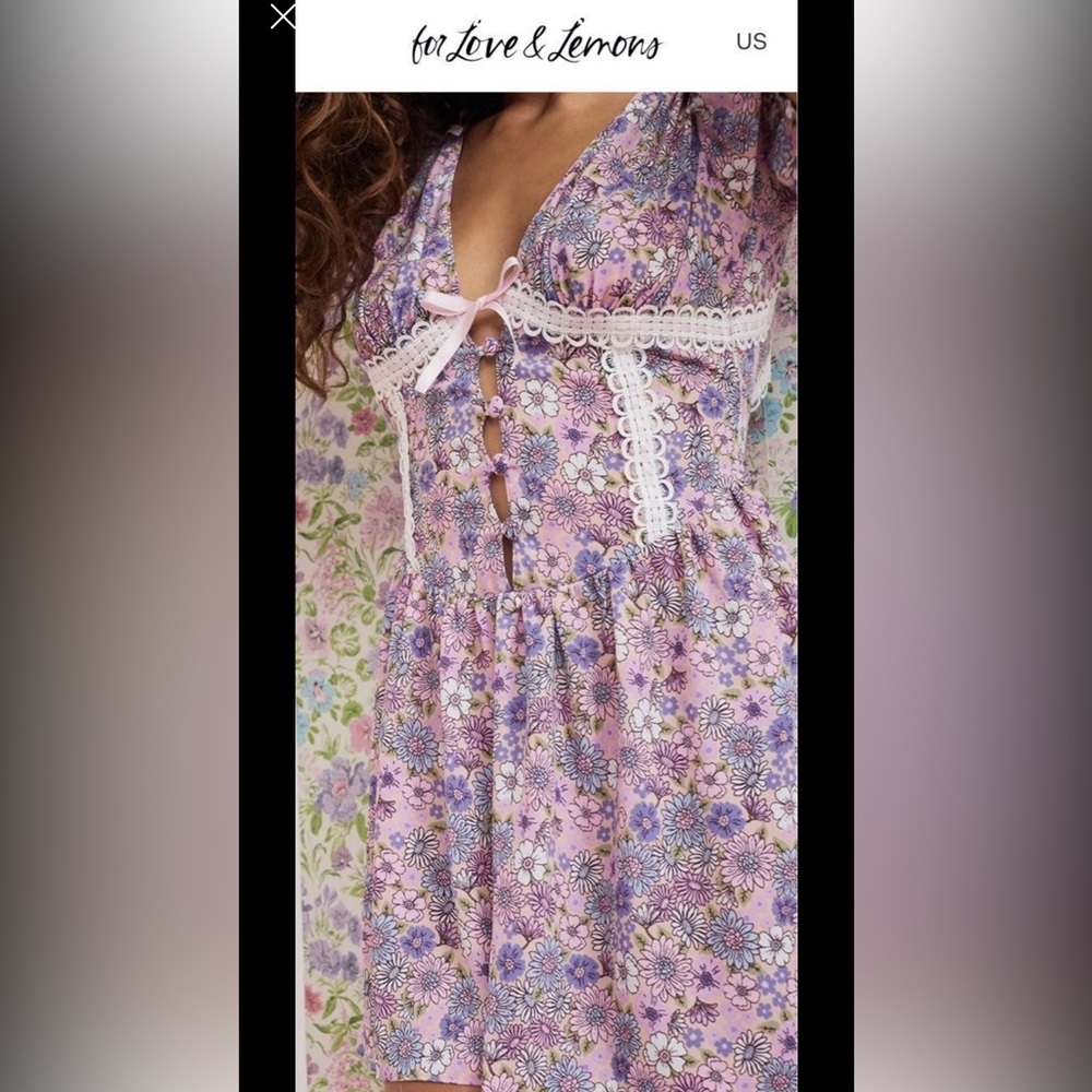 NWT For Love and Lemons S Dress Willow Floral Dress Lilac Mini Puff Sleeve - Picture 7 of 9